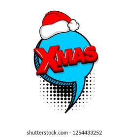 Christmas xmas red hat comic text sound effects pop art style. Vector speech bubble word and short phrase cartoon expression illustration. Comics book background template.