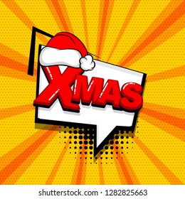 Christmas xmas red hat comic text sound effects pop art style. Vector speech bubble word and short phrase cartoon expression illustration. Comics book background template.