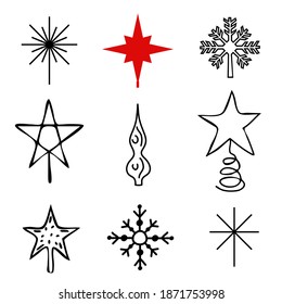 Christmas Xmas tree star snowflake topper doodle logo icon sign New year symbol Hand drawn Cartoon festive style design Fashion print clothes apparel greeting invitation card flyer poster banner cover