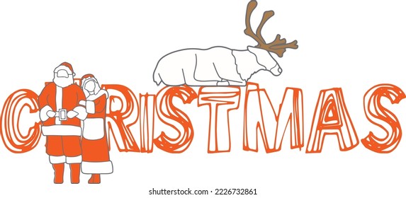 Christmas Xmas typography calligraphy Santa   Mrs  Claus and Reindeer Caribou minimalist line drawing letters illustration