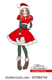 Christmas, x-mas, winter, happiness concept - kawaii cartoon doodle girl in santa helper hat and costume. Stock line vector illustration.