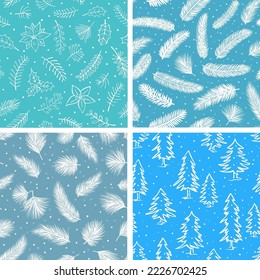 christmas xmas winter seasonal botanical floral foliage seamless pattern, vector illustration soft pastel blue teal endless textures set