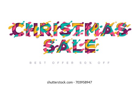 Christmas Year Sale typography design with abstract flowing shapes isolated on white background. Vector illustration. Colorful trendy element for business holiday event