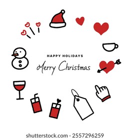 Christmas, year-end, holiday, party, snowman, Santa hat, heart, tag, wine glass, drink, hand painting, icon