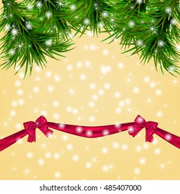 Christmas yellow background with snowflakes, christmas tree and red ribbon