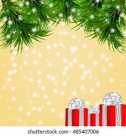 Christmas yellow background with snowflakes, christmas tree and gifts