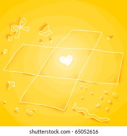 Fondo amarillo de Navidad con regalo roto, cinta y arco. El corazón resplandeciente. Dibujo de mano