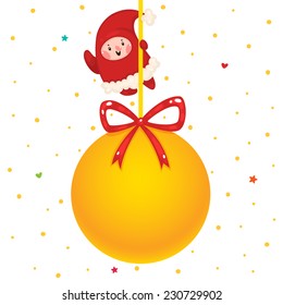 Christmas yellow ball and Elf, vector.