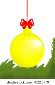 Christmas yellow ball with red ribbon hangs over coniferous twig,  vector illustration