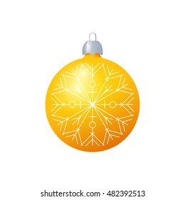 Christmas Yellow Ball with Snowflake Isolated on White Background , Tree Decoration, Happy New Year, Vector Illustration 