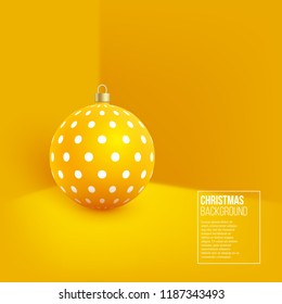 Christmas yellow bauble with geometric pattern. 3d realistic style on wall background. Vector illustration.