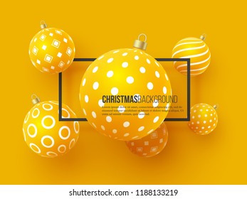 Christmas yellow baubles with geometric pattern. 3d realistic style with black frame, abstract holiday background. Vector illustration.