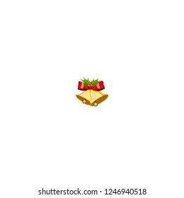 Christmas yellow bells. Red ribbon with a sprig of mistletoe. Pixel art. New Year.