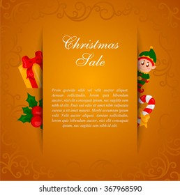 Christmas yellow card with paper web over a gift, mistletoe, elf and candy cane