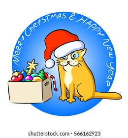 Christmas Yellow Cat and a Box of Toys Vector Illustration