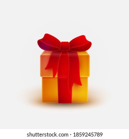 Christmas yellow, gold gift box with red bow and ribbon, look like 3d rendering. Happy New Year illustration for postcard, banner, decor, design, arts on white  background.
