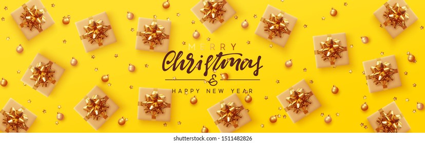 Christmas yellow horizontal banner, header for website. Xmas background, design with realistic gift boxes, gold metal volumetric stars and bauble, golden ball. New Year's gifts flat top view.