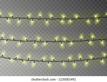 Christmas yellow lights string. Transparent effect decoration isolated on dark background. Realistic Christmas garland vector. Winter xmas glowing lights string, banner illustration.