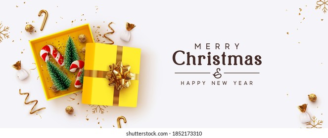 Christmas yellow Open gift box template. Xmas design Realistic decorative objects. Sale banner, surprise poster, flyer and brochure. mock up holiday. Celebrate header for website flat lay. new year