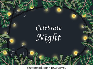 Christmas yellow party light with pine leaves frame vector background.