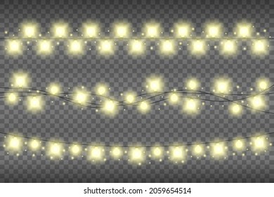 Christmas yellow realistic garland lights on a transparent background. Glowing garland lights decoration with sparkles