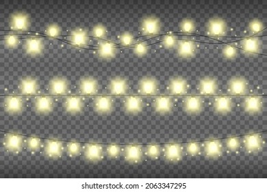 Christmas yellow realistic garland lights on a transparent background. Glowing garland lights decoration with sparkles