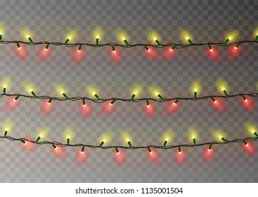 Christmas yellow red lights string. Transparent effect decoration isolated on dark background. Realistic Christmas garland vector. Winter xmas glowing lights string, banner illustration.