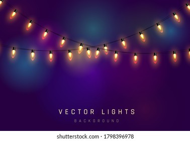 Christmas yelow lights on purple abstract bokeh  background. Colorful bright Xmas garland.  Colors golden  glow light bulbs. Neon illuminated leds Vector illustration 