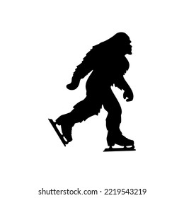 Christmas Yeti silhouette. Big Foot ice skating. Winter holidays party template for home decoration, laser cut, crafting. Vector illustration