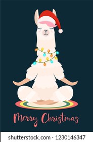 Llama de yoga de Navidad medita.Ilustración vectorial. Graciosa tarjeta de saludo festivo.