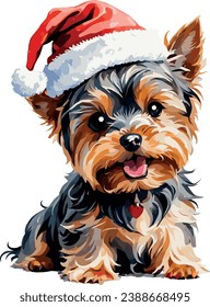 Christmas yorkshire terrier, yorkshire terrier wearing a santa hat