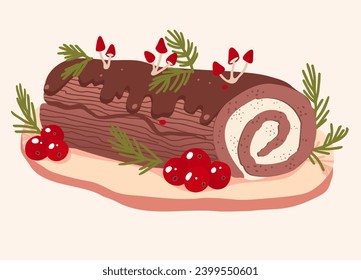 Christmas Yule Log cake, buche de Noel. Classic winter holidays dessert. Hand drawn flat illustration