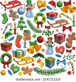 A Christmas yuletide Themed Vector Ornaments Mega Pack Collection...Including snowmen christmas trees sleds, bows, christmas presents and bells. Gingerbread men, Christmas tree ornaments candy canes