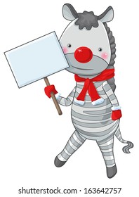 christmas zebra red nose cartoon character with blank label for copy space 