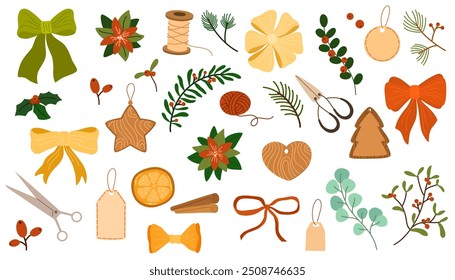 Navidades cero residuos, Elementos de embalaje ecológico. Envolviendo cajas de regalo con papel kraft, ramas de pino, cinta de hilo, naranja seco, juguetes de madera. Creador de Navidades. Ilustración vectorial dibujada a mano 