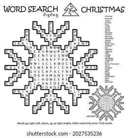 Christmas Zigzag Word Search Crossword. Snowflake. Winter. Words Go Right, Left, Down, Up, At Right Angles, Letter Used Only Once. Educational Activity Page. Worksheet. Game For Kids, Adults