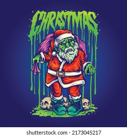 Christmas zombie santa claus with skull head vector illustrations for your work logo, merchandise t-shirt, stickers and label designs, poster, greeting cards advertising business company or brands