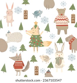 Christmas zoo in the forest seamless pattern
