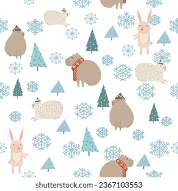 Christmas zoo in the forest seamless pattern