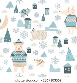 Christmas zoo in the forest seamless pattern
