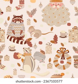 Christmas zoo in the forest seamless pattern