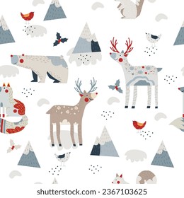 Christmas zoo winter seamless pattern