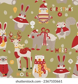 Christmas zoo winter seamless pattern