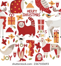 Christmas zoo winter seamless pattern