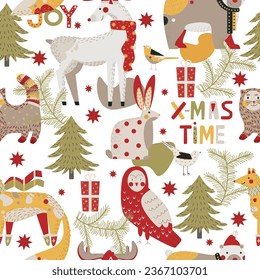 Christmas zoo winter seamless pattern