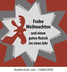 Christmascard in red with rendeer (title and words in Germen: Frohe Weihnachten und einen guten Rutsch ins neue Jahr)