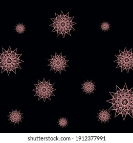 ChristmasChaotic Black Sharp Dark Wallpaper. New Year Print Mystery Gothic Pink Sky Wallpaper. Colorful Mandala Girl Dark Winter Pattern. Snowflakes Cold Winter Folk Stars Background.