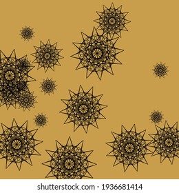 ChristmasChaotic Dark Print Mustard Composition. Folk New Year Sharp Luxury Rich Sky Wallpaper. Golden Gold Gothic Mystery Autumn Ornament. Black Colorful Mandala Snowflakes Stars Background.