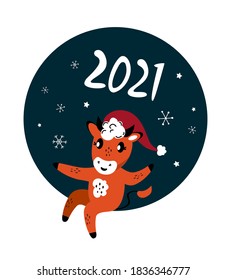 Christmas,Happy New Year Greeting Card.Cute Cartoon Bull in Santa Hat Congratulate with Winter Holidays.Cow Chinese 2021 Symbol.Winter Atmosphere.Festive Design.Calendar,Cards,Advertising Illustration