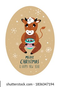 Christmas,Happy New Year Greeting Card.Cute Cartoon Bull Drinking Hot Chocolate,Cocoa with Marshmallows.Cow 2021 Symbol.Holiday Winter Atmosphere.Festive Design.Calendar,Cards,Advertising Illustration